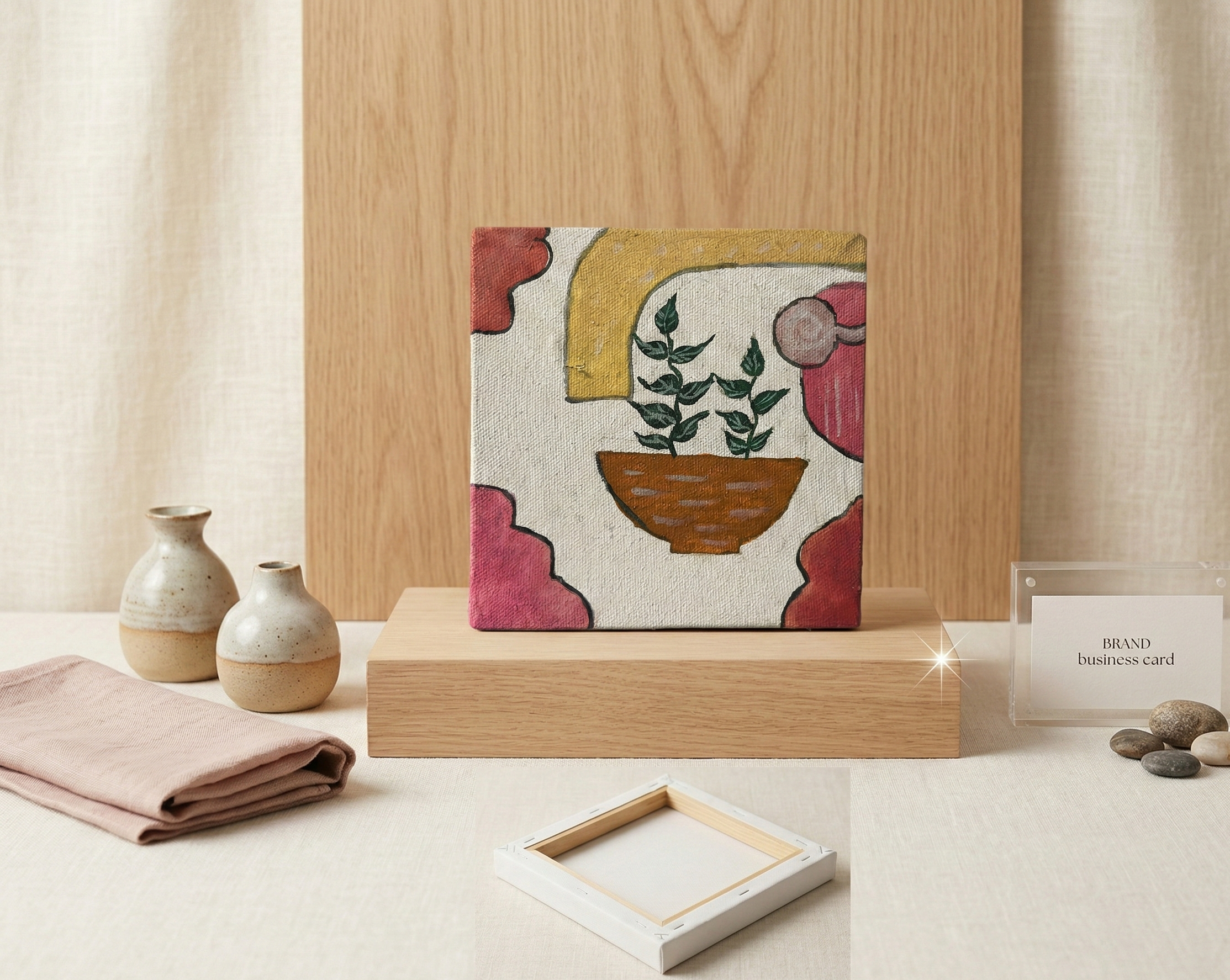 Hand-Painted Folk Art Mini Canvas – "Greenery in Clay"