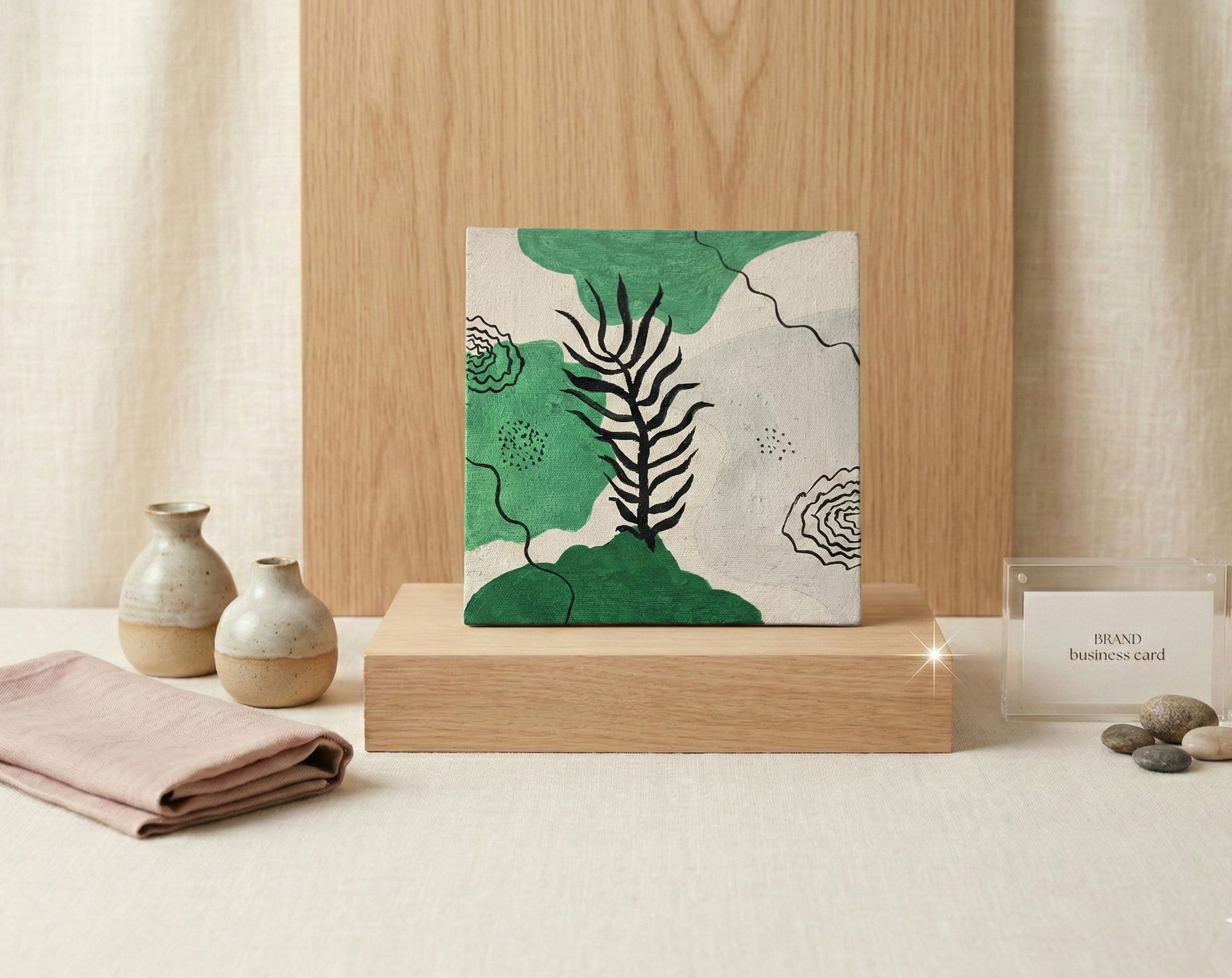 Hand-Painted Abstract Botanical Mini Canvas – "Emerald Fern"